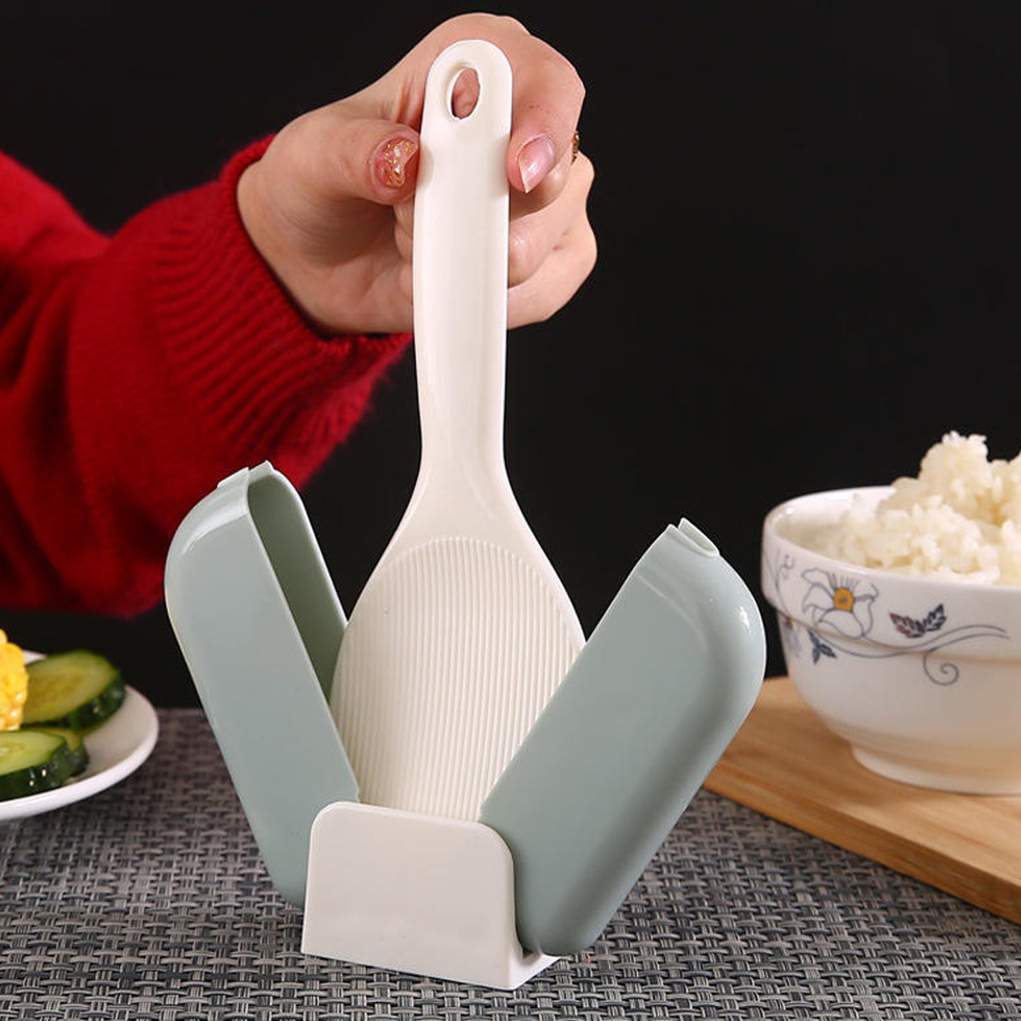 automatic rice spoon holder with dust cover kitchen accessory