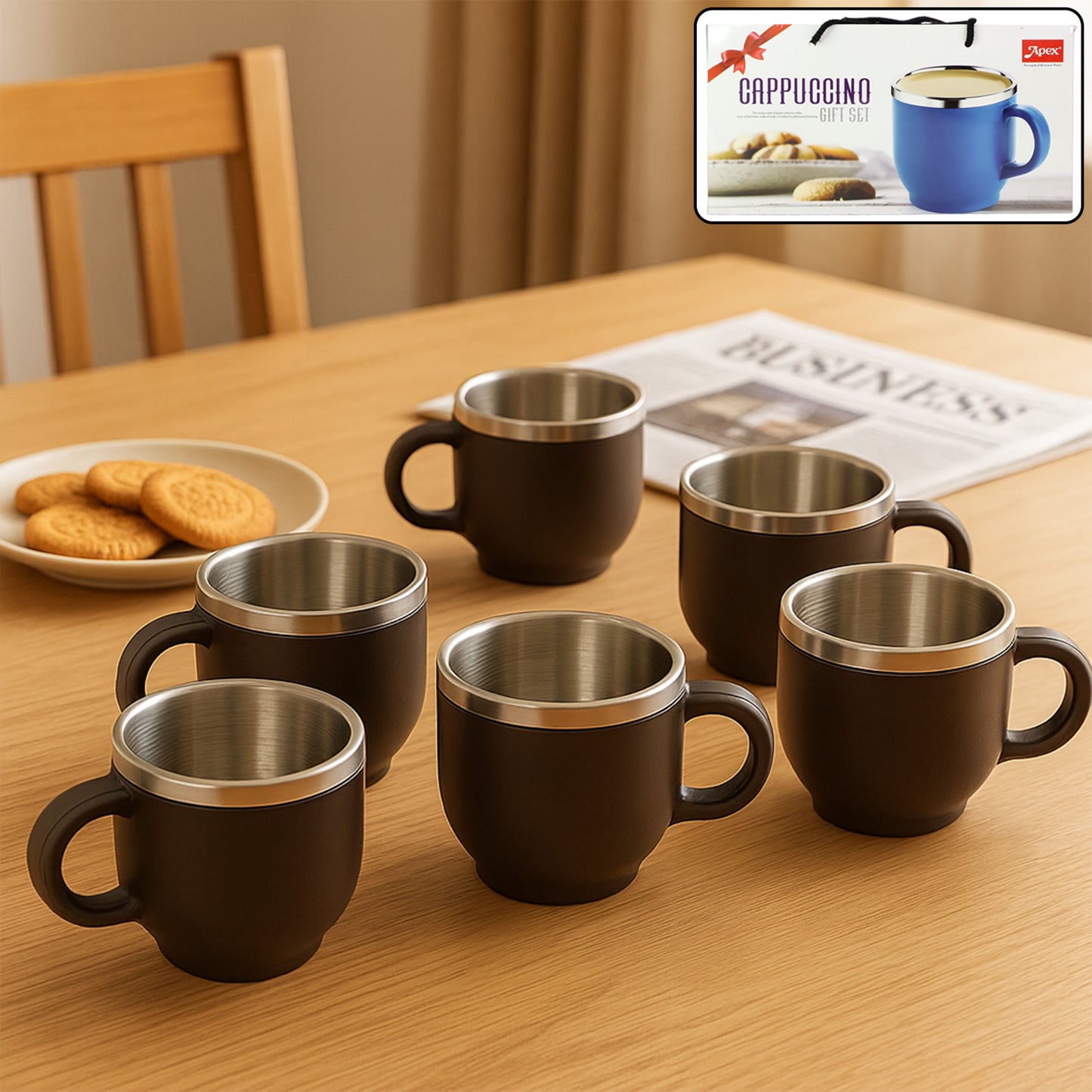 Apex Premium Double Wall Stainless Steel Cappuccino Mug Gift Set (6 Pc  100 Ml)