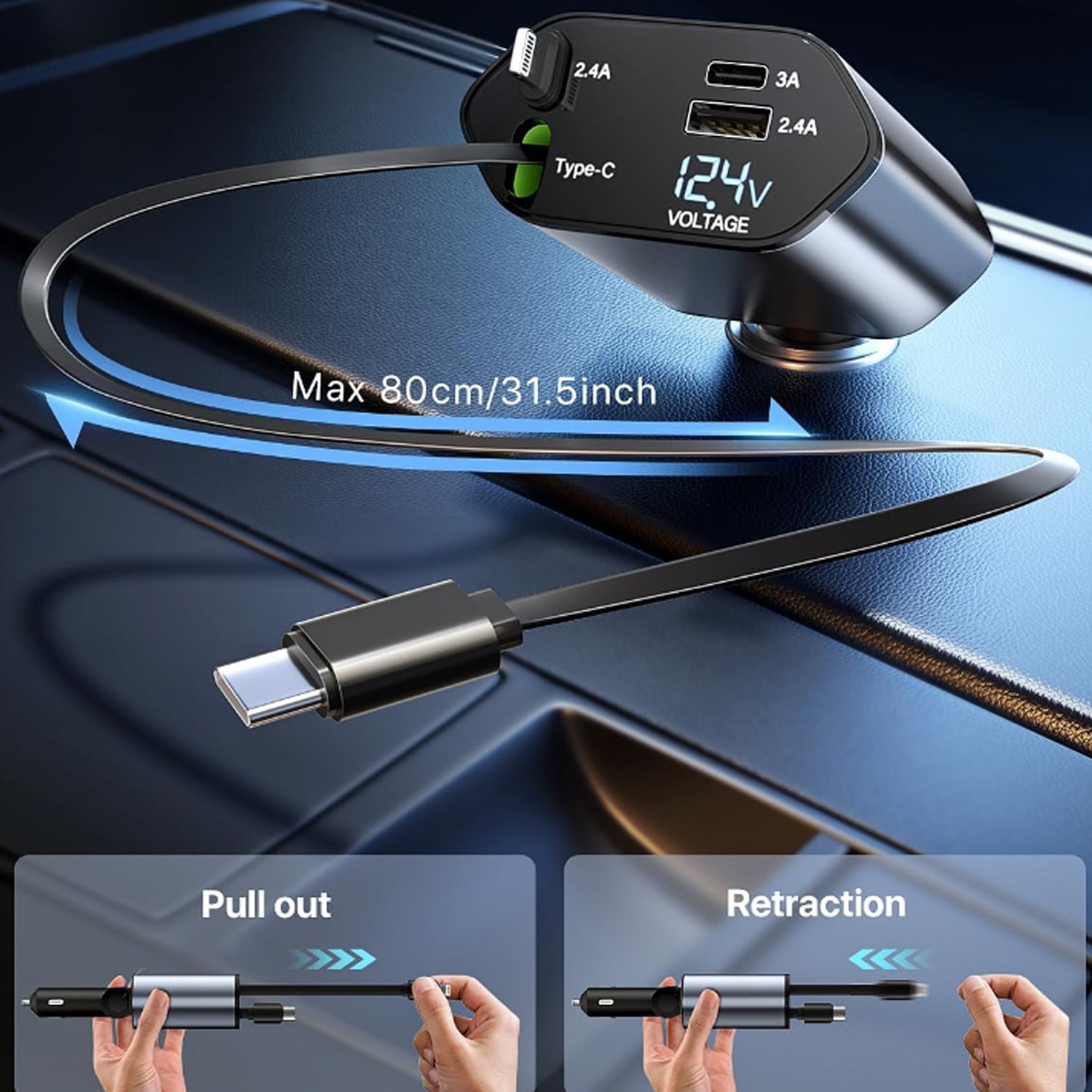 120w 4-in-1 car charger with dual cables and dual usb ports pack of 1