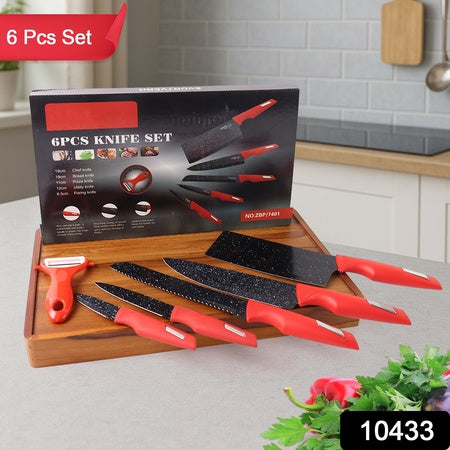 kitchen knife set with marble-coated blades and red handles pack of 6