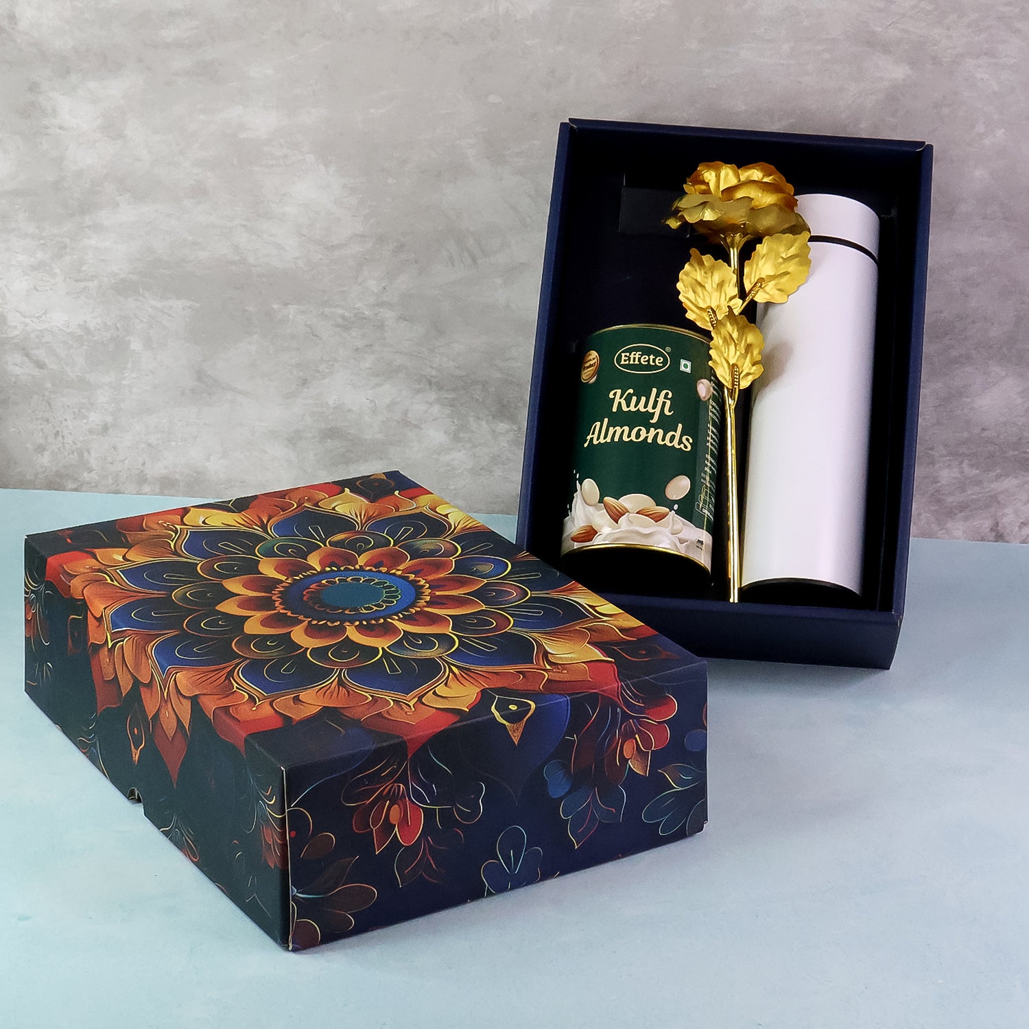 Effete Kulfi Almonds Gift Hamper Golden Rose With Bottle (3 Pc Set)