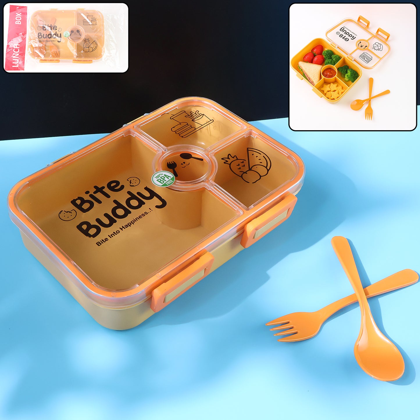 4 compartment plastic lunch box 21 cm with spoon and fork