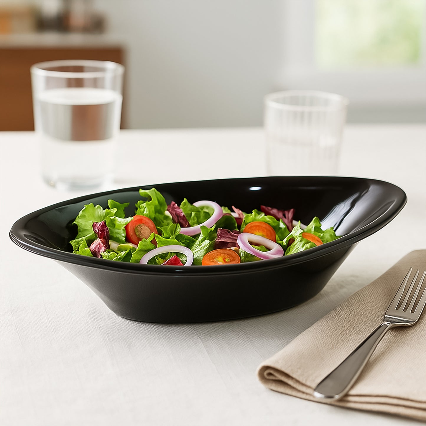 black oval plastic serving bowl 22 cm for salads and snacks