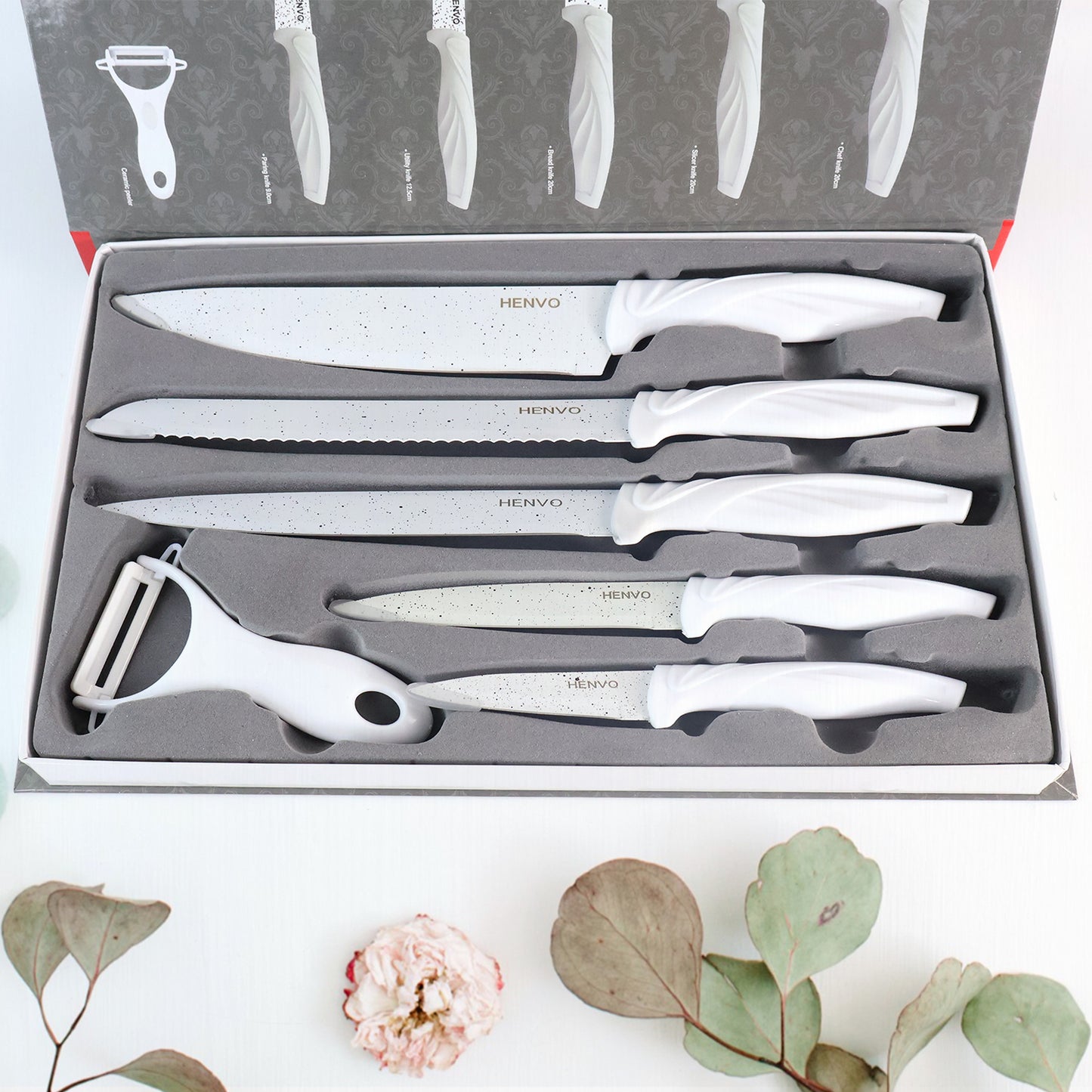 kitchen knife set 6 pc marble-coated stainless steel blades