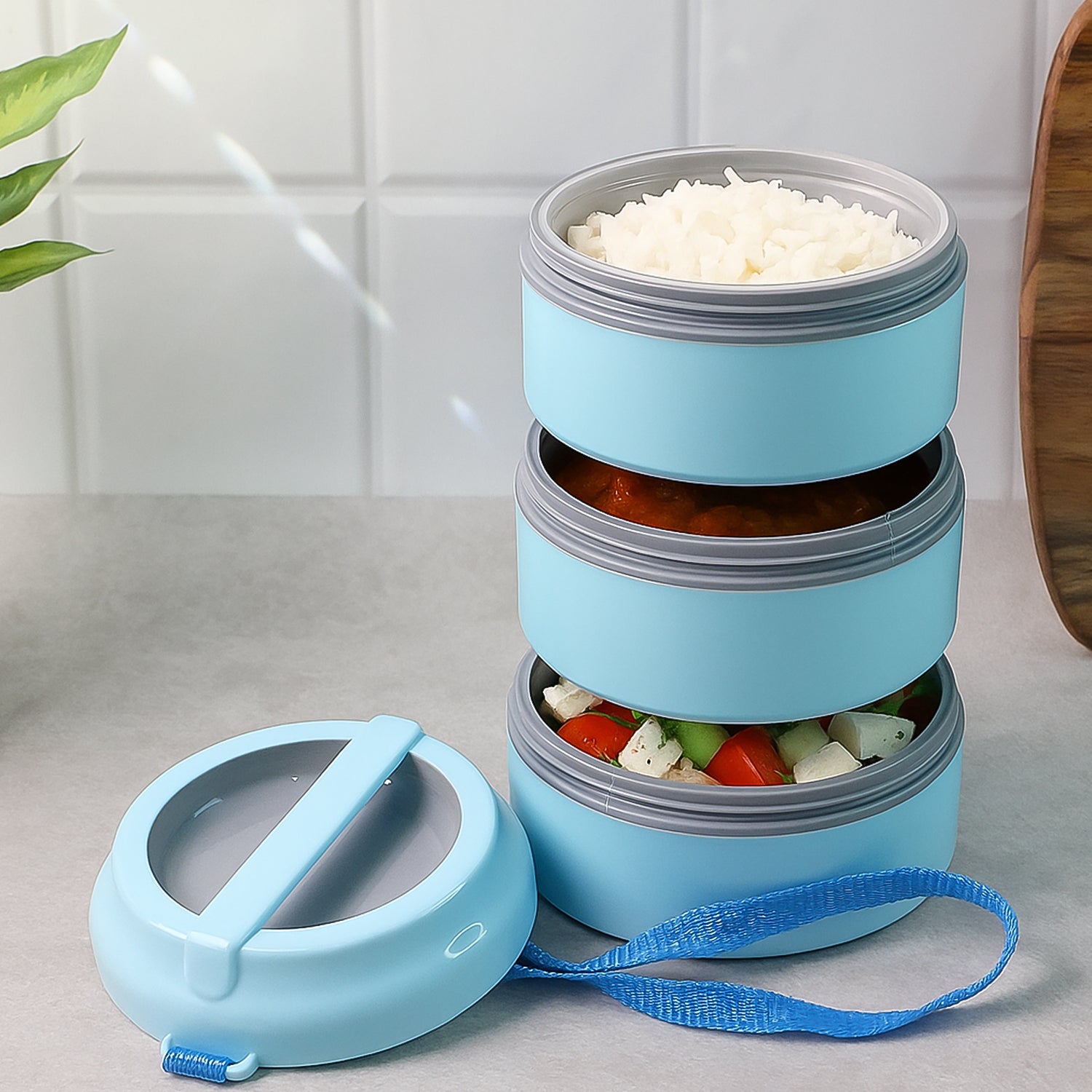 3 Layer Insulated Lunch Box Set With Handle  Strap - (Set)