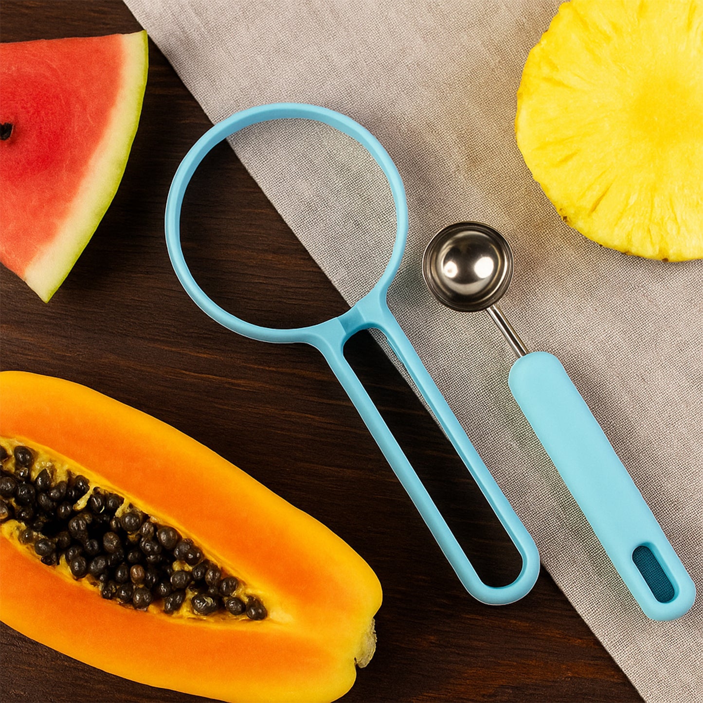 multi-function melon baller and fruit cutter set stainless steel and silicone