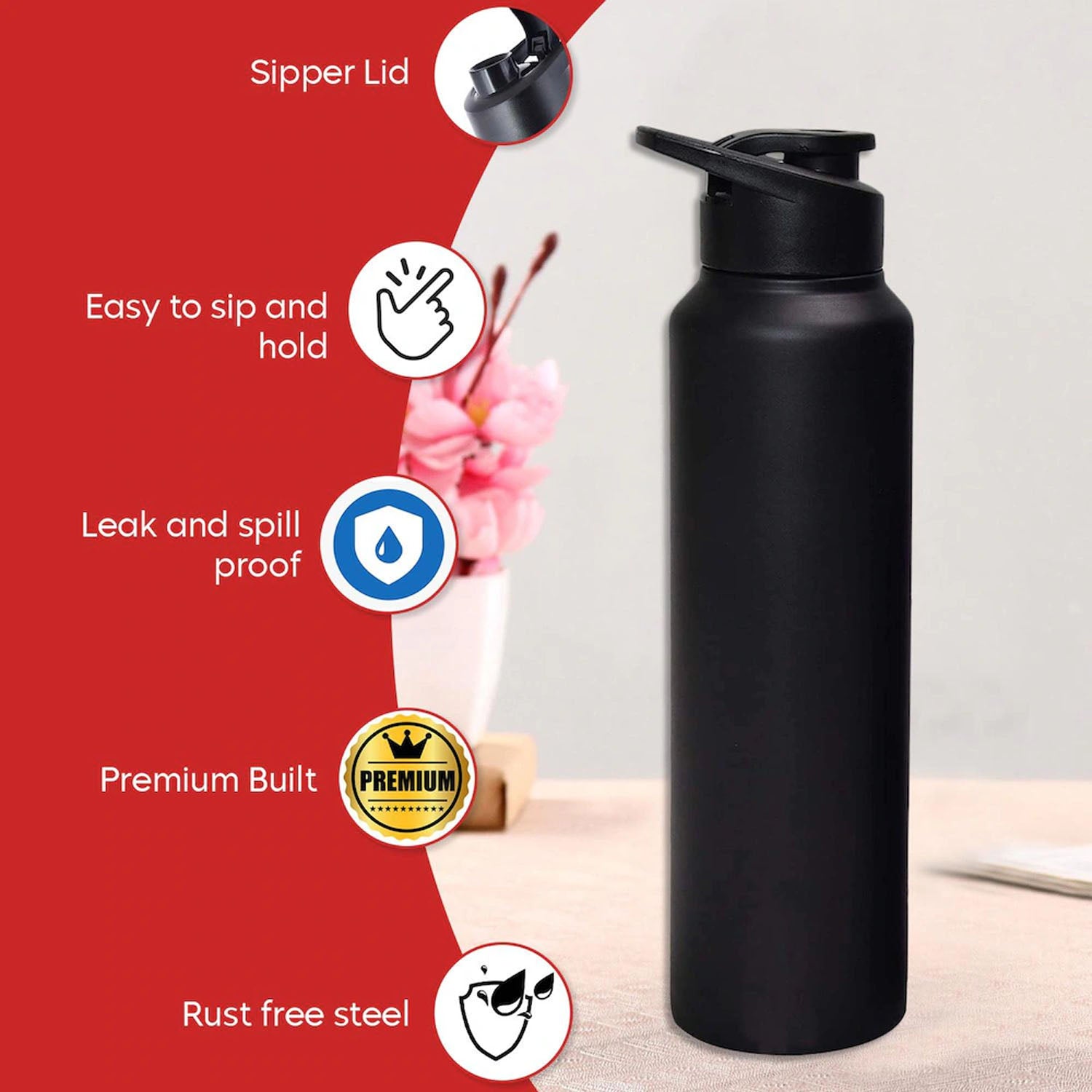 Stainless Steel 1000ml Flip-top Reusable Sports Water Bottle  1 Pc