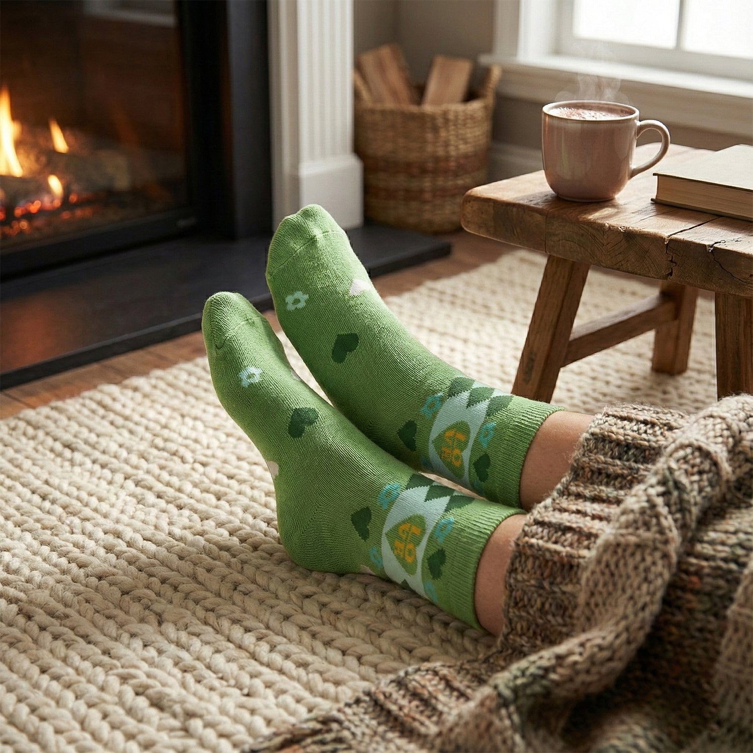 cotton socks green heart floral design 1 pair