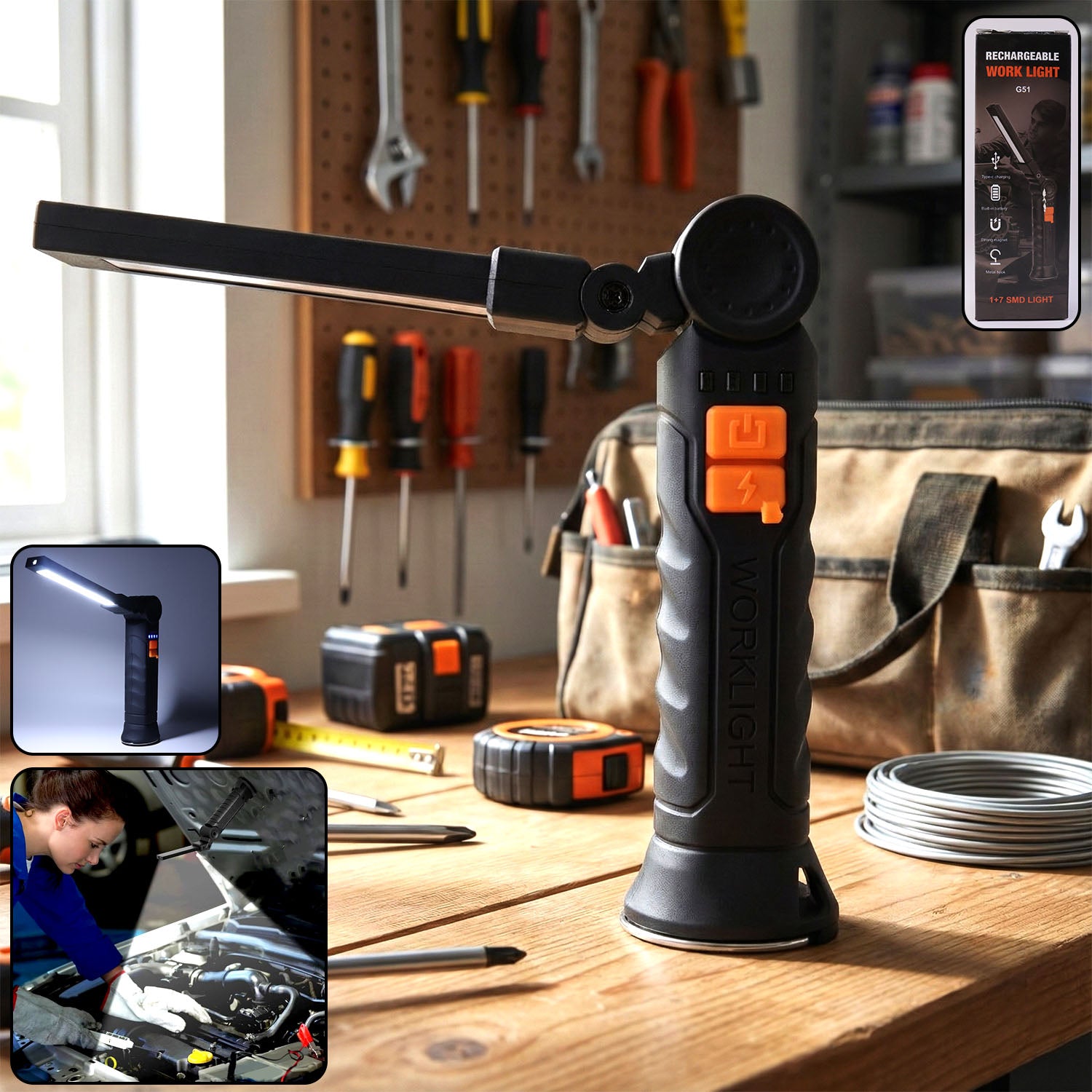 Compact Rechargeable Small Led Work Light With Adjustable Arm And Magnetic Base