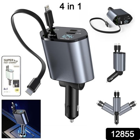 120w 4-in-1 car charger with dual cables and dual usb ports pack of 1