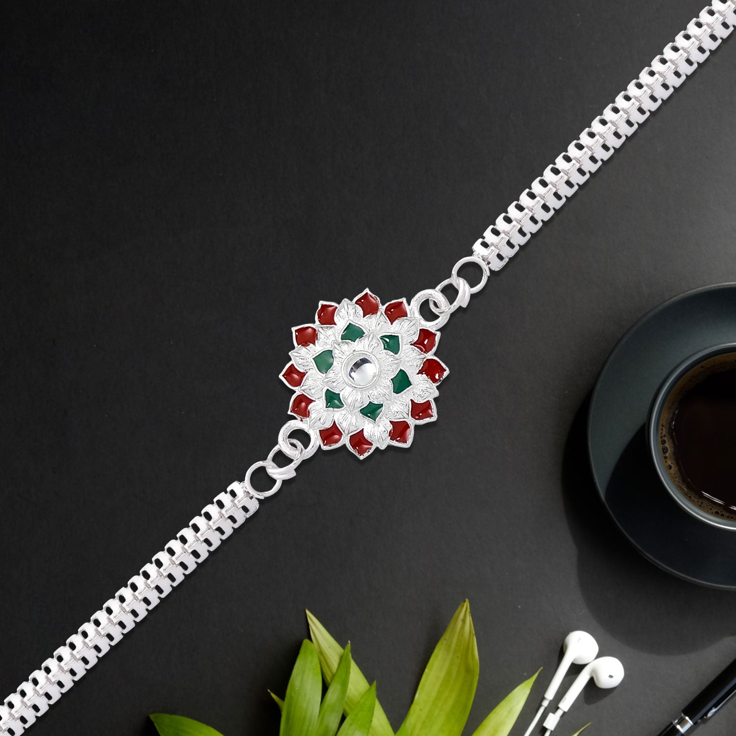 Traditional Floral Rakhi With Red  Green Stones  Silver Designer Rakhi For Brother