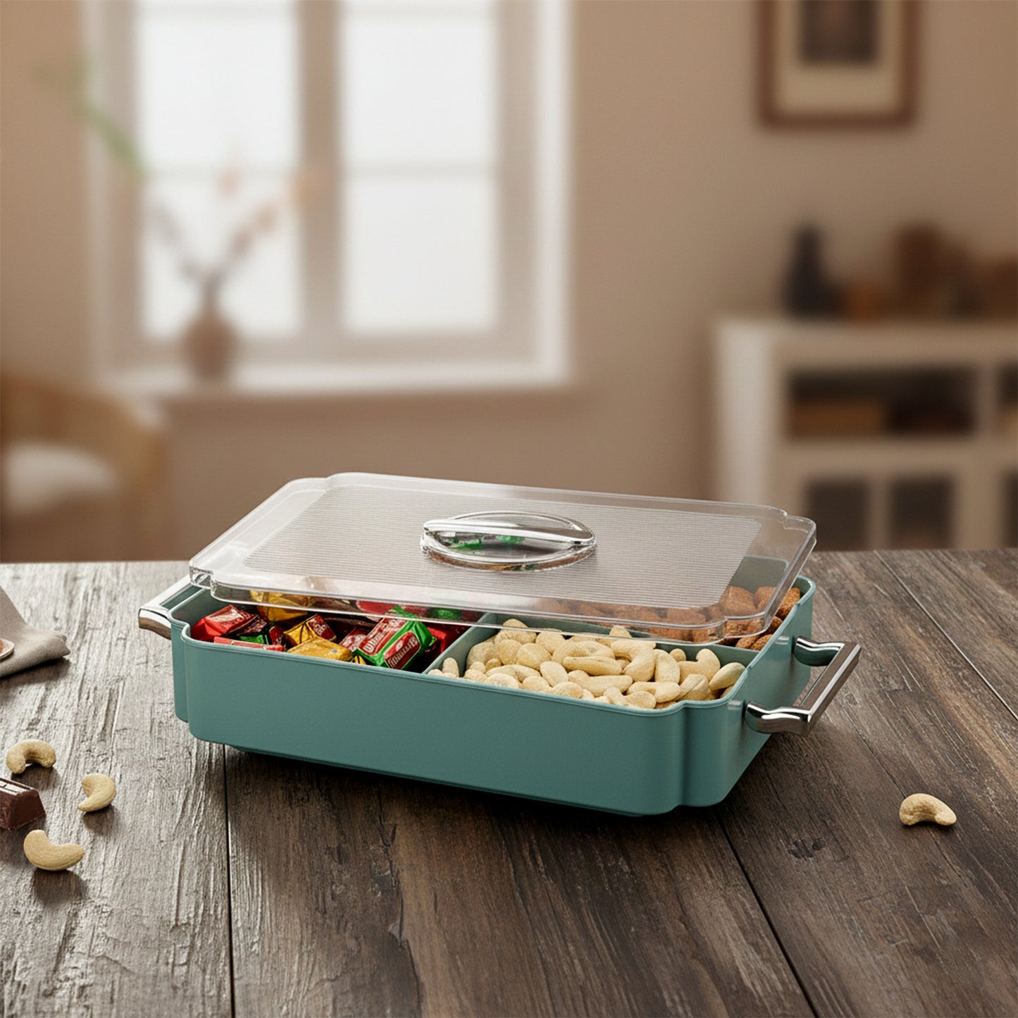 4 compartment plastic food storage container with transparent lid